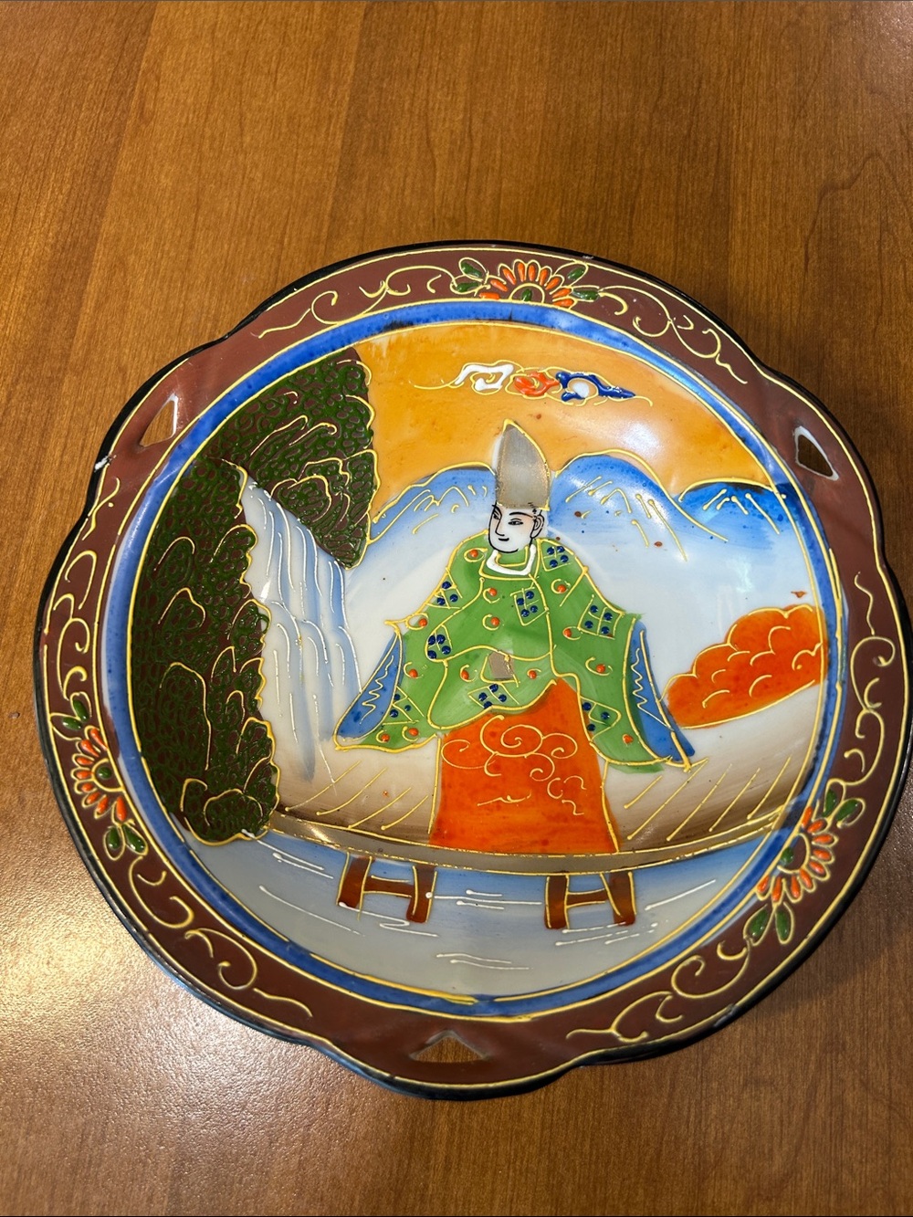 Hand-Painted Decorative Asian Ceramic Plate in Green and Orange